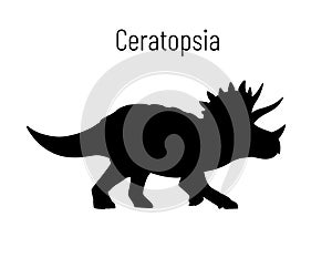 Triceratops. Ornithischian dinosaur. Monochrome vector illustration of silhouette of prehistoric creature Ceratopsia