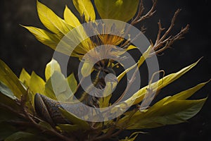 Triceratops vittatus in a tree with yellow flowers. generative ai