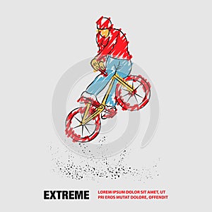 Trick on the BMX bike. Vector outline of extreme cyclist with scribble doodles