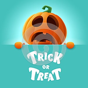 Trick or Treat. 3D illustration of cute Jack O Lantern orange pumpkin character with big greeting signboard on teal background