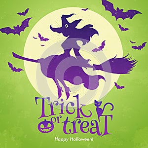 Trick or Treat banner. The pretty witch flies on a broomstick against green background of the full moon