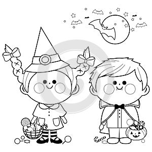 Trick or treat children in Halloween costumes and candy. Vector black and white coloring page.