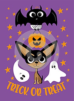 Trick or treat - cute baby bat, pumpkin, chihuahua dog, and ghosts. Isolated on purple background.