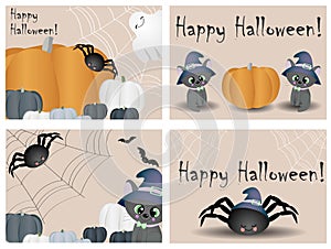 Trick or treat with cute witch and black cat. Halloween pumpkin cartoon character