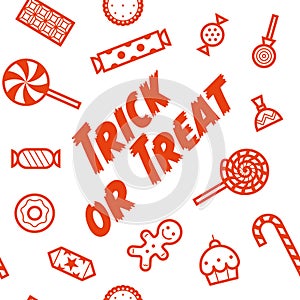 Trick or treat. Different candies, sweets and cakes - seamless pattern. Icons and pictograms for Halloween. Isolated.