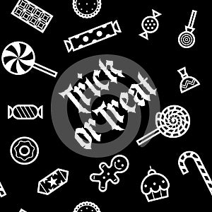 Trick or treat. Different candies, sweets and cakes - seamless pattern. Icons and pictograms for Halloween. Isolated.