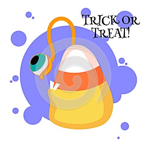 Trick or treat greeting card for halloween. Candy corns cartoon Emoji. Sweet emotion happy. Sweets for Halloween