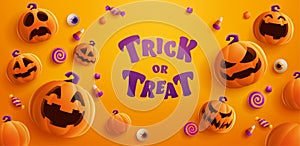 Trick or Treat. Group of 3D illustration Jack O Lantern pumpkin on treat or trick fun party celebration background design