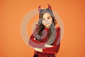 Trick or treat. Halloween costumes designed after supernatural figures. Her real temper. Girl red horns celebrate