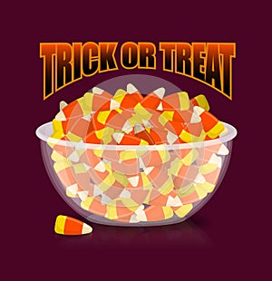 Trick or treat. Halloween illustration. bowl and candy corn. Sweets on plate. Traditional treat for terrible holiday.