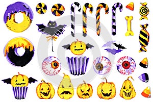 Trick or treat. Halloween illustration set: pumpkin, candy, donut, bat, candy, witch hat, jelly eyes. Isolated icons