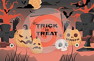 Trick or treat Halloween party poster design. Gravestones, witch hats, bats, and skull vector flat cartoon illustration.