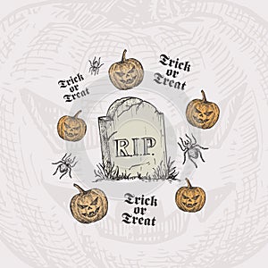 Trick or Treat Halloween Vector Background or Card Template. Hand Drawn Tomb Stone and Pumpkins with Spider Sketch and