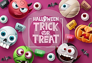 Trick or treat halloween vector background design. Halloween trick or treat text in pink space with cute, scary and spooky mascot