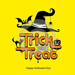 Trick or treat message hat, pumpkin, cat, bat design happy Halloween day