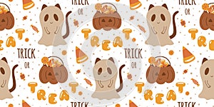 Trick or Treat pattern. Sweet Halloween candies seamless pattern. Loli pop, pumpkin trick or treat bag, ghost cat. Sweet