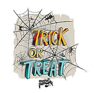 Trick or Treat Text for Halloween Poster Design with Spider Net Background