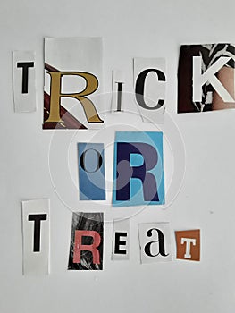 Trick or treat words letters collage on a white background