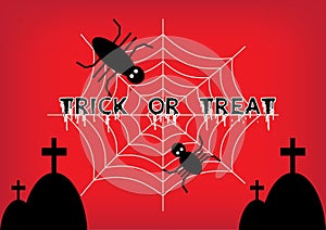 Trick or treat words with spider climbing on the spiderweb