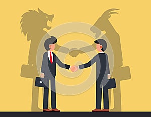 Trickery or Betrayal. Business Partners Male Characters with Shadows of Wolf and Sheep behind of them Shaking Hands