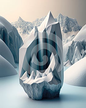 trickling of crystalline glimmer between snow covered mountains. Podium, empty showcase for packaging product
