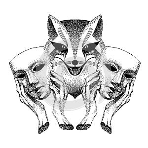 Trickster. Sly fox smiles. Fox with two masks in his hands. tattoo. Liar, dodger, mischievous, hoaxer. archetype in mythology, photo