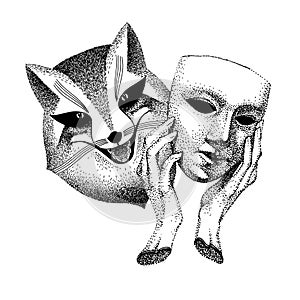 Trickster vector illustration. Fox with mask in his hands. black and white tattoo. Liar, dodger, mischievous, hoaxer. archetype in photo