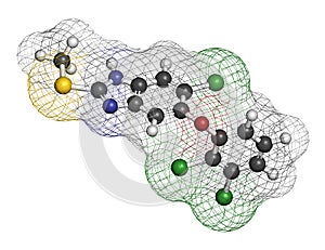 Triclabendazole anthelmintic drug molecule. Atoms are represented as spheres with conventional color coding: hydrogen (white),