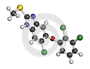 Triclabendazole anthelmintic drug molecule. Atoms are represented as spheres with conventional color coding: hydrogen (white), photo