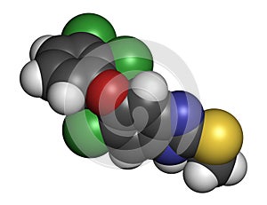 Triclabendazole anthelmintic drug molecule. Atoms are represented as spheres with conventional color coding: hydrogen (white), photo