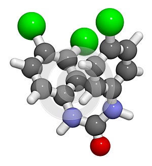 Triclocarban antibacterial agent molecule. 3D rendering.  Often used in antibacterial soaps and lotions. Atoms are represented as