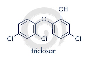 Triclosan antimicrobial molecule. Used in hand soaps, hospital scrubs, deodorants, mouth wash, etc. Skeletal formula.