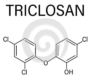 Triclosan antimicrobial molecule. Used in hand soaps, hospital scrubs, deodorants, mouth wash, etc. Skeletal formula.