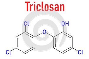 Triclosan antimicrobial molecule. Used in hand soaps, hospital scrubs, deodorants, mouth wash, etc. Skeletal formula.