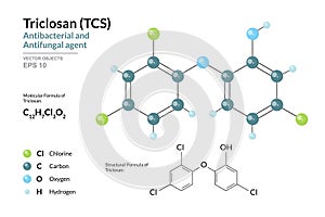 Triclosan. TCS. Antibacterial and Antifungal agent. Antiseptic. Pesticide. Structural Chemical Formula and Molecule 3d Model