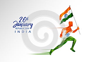 tricolor banner man running with Indian flag for 26th January Happy Republic Day of India