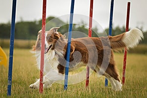 Tricolor border collie in agility slalom