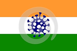 Tricolor flag of India Tiranga with an image of corona virus as the COVID-19 disease is hitting this Asian country