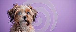 Shaggy havanese puppy with expressive eyes and tricolor fur looking calm against purple background in studio, AI-generated cute do photo
