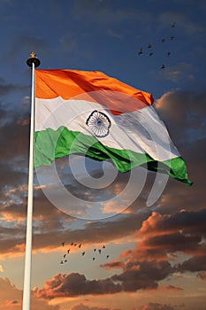 Tricolor Indian Flag with Beautiful Sky in Background