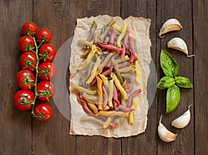 Tricolor pasta with cherry tomatoes, garlic and basil
