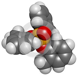 Tricresyl phosphate (TCP) molecule. Used as plasticizer, for waterproofing, as flame retardant, etc. Known to be neurotoxin