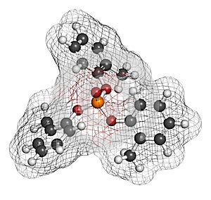 Tricresyl phosphate (TCP) molecule. Used as plasticizer, for waterproofing, as flame retardant, etc. Known to be neurotoxin