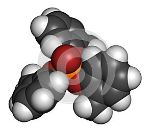 Tricresyl phosphate (TCP) molecule. Used as plasticizer, for waterproofing, as flame retardant, etc. Known to be neurotoxin