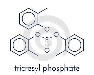 Tricresyl phosphate TCP molecule. Used as plasticizer, for waterproofing, as flame retardant, etc. Known to be neurotoxin..