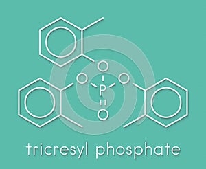 Tricresyl phosphate TCP molecule. Used as plasticizer, for waterproofing, as flame retardant, etc. Known to be neurotoxin..