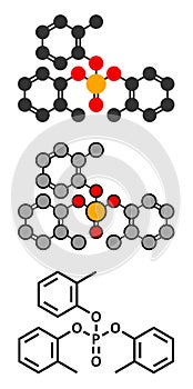 Tricresyl phosphate (TCP) molecule. Used as plasticizer, for waterproofing, as flame retardant, etc. Known to be neurotoxin