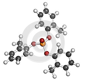 Tricresyl phosphate (TCP) molecule. Used as plasticizer, for waterproofing, as flame retardant, etc. Known to be neurotoxin photo