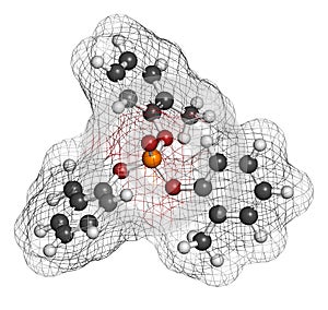 Tricresyl phosphate (TCP) molecule. Used as plasticizer, for waterproofing, as flame retardant, etc. Known to be neurotoxin photo