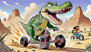 tricycle bicycle bike go cart smiling alligator reptile desert dirt cartoon